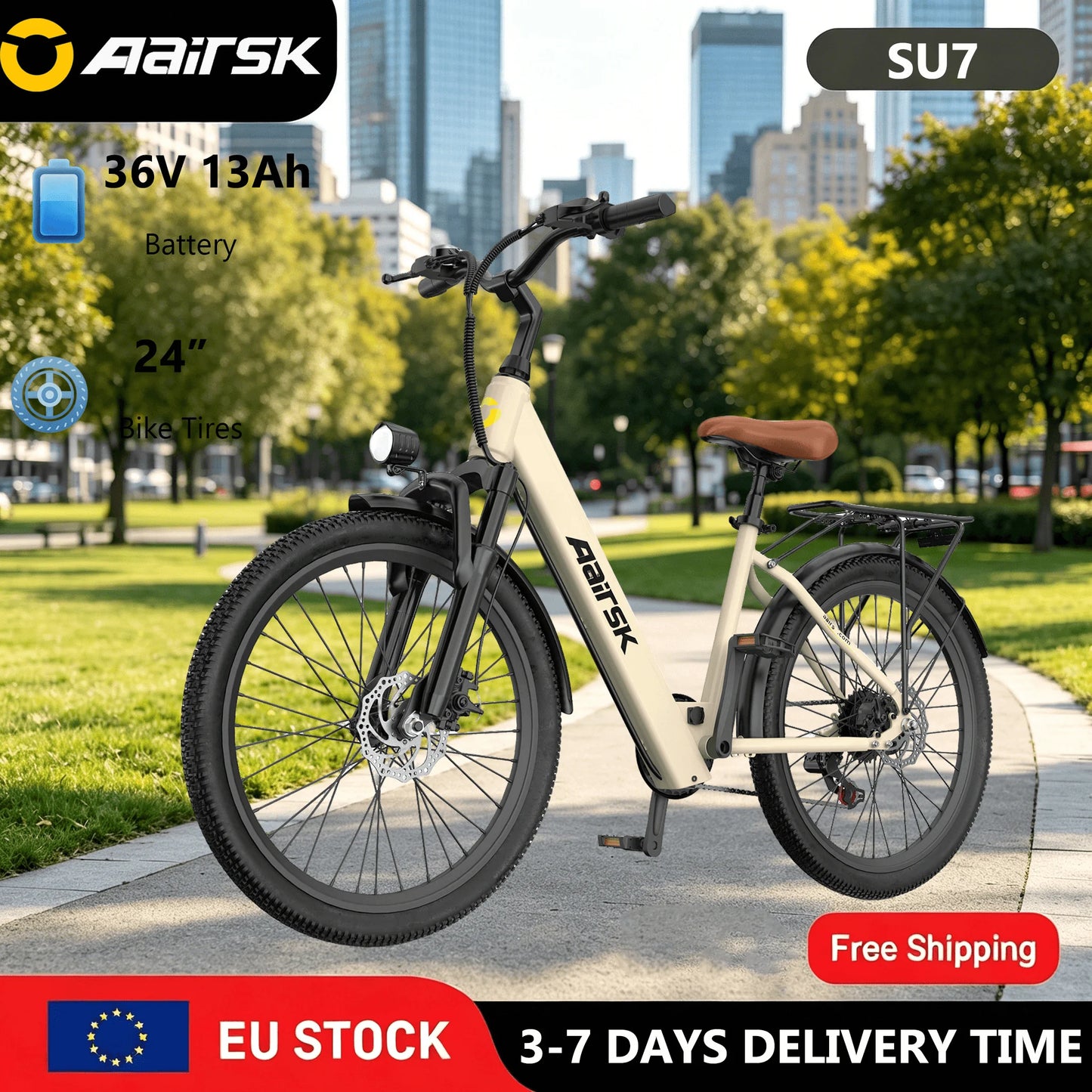 Aairsk SU7 24 "top-range urban Electric bike-engine 250W, battery 36V 13Ah, range 64km, 7 speed, steel frame, disc brakes, daily comfort and reliability
