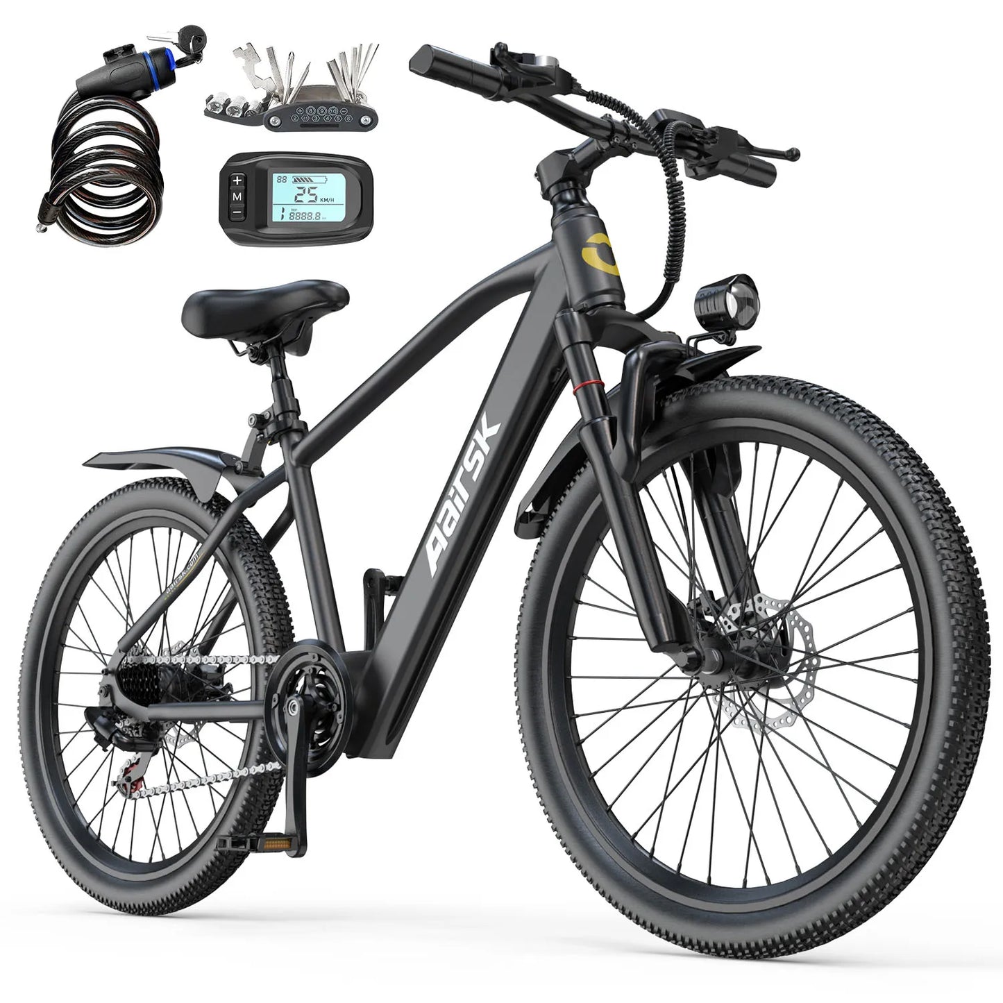 26' Electric Mountain Bike for Adults, 250W Brushless Motor, 36V 10Ah 468Wh Battery, Up to 40 Miles Range, 25km/h 7-Speed E Bike, Front Suspension NFC Unlock