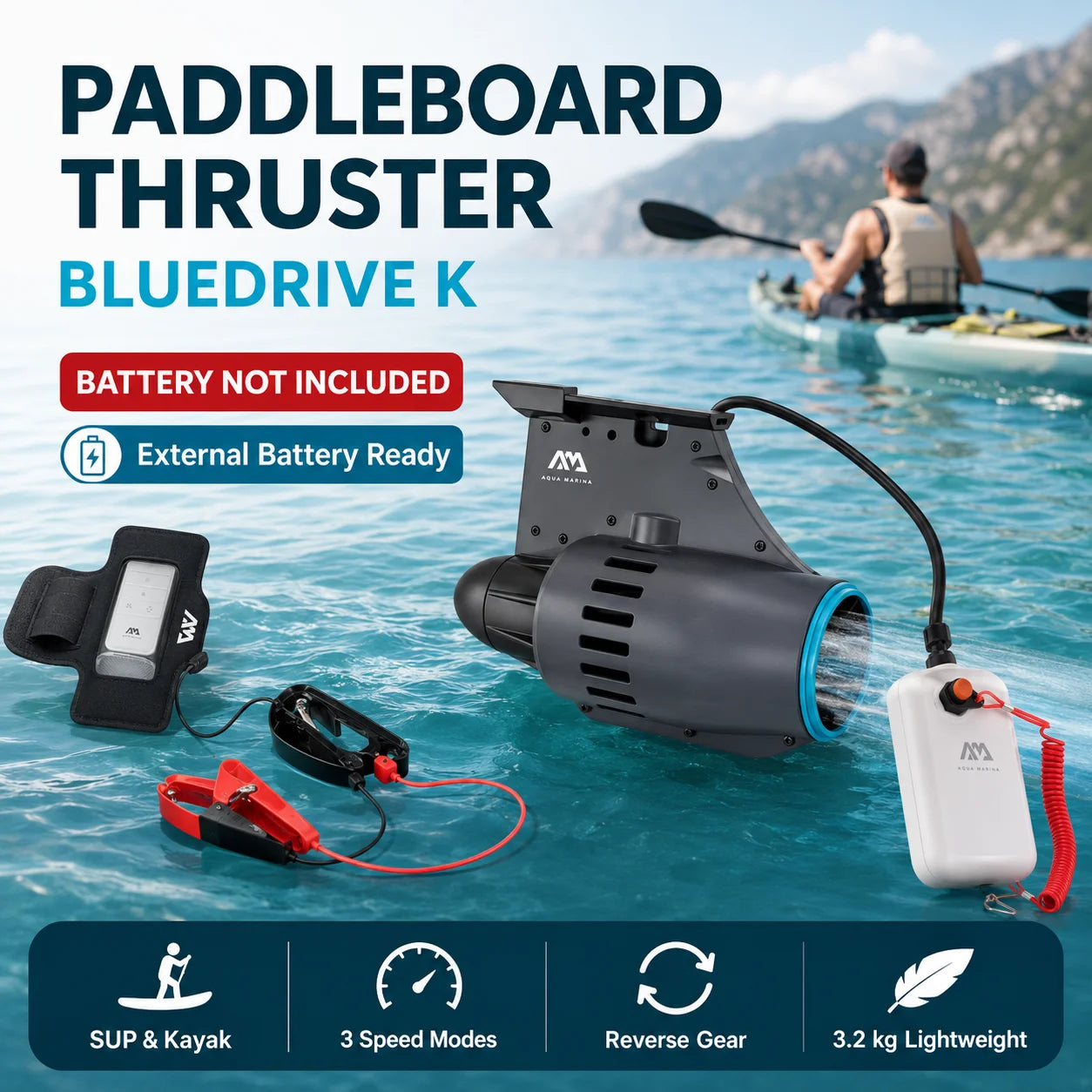 SUP Kayak Underwater Thruster Electric Paddle Board Motor External Battery Ready 3 Speed Reverse Gear Battery Not Included